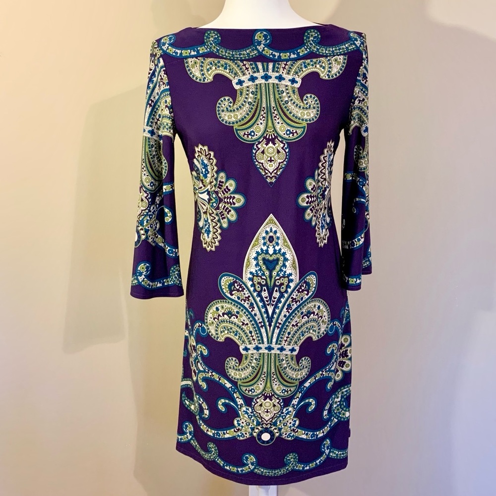 London Times 4 boatneck purple paisley shift dress